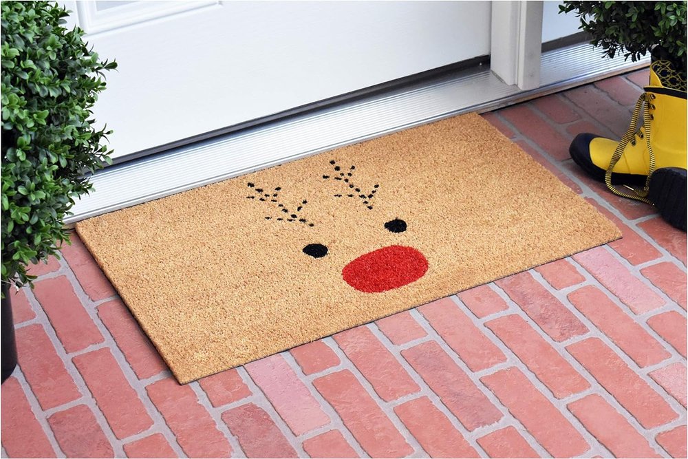 17" X 29" Natural Black and Red Coir Reindeer Outdoor Christmas Door